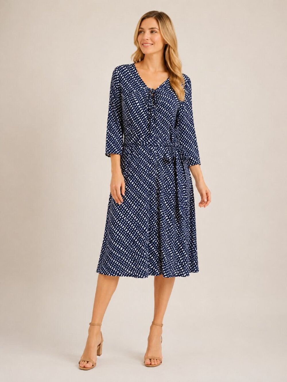 2/$30 Lands' End Geometric Print Tie Waist Midi Dress Navy 2X #A3133